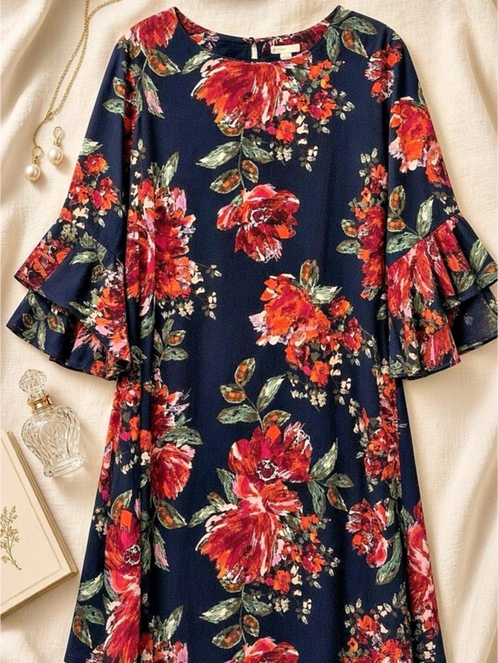 Cato XL Navy Floral Tunic Dress | Ruffle Sleeves 🌸